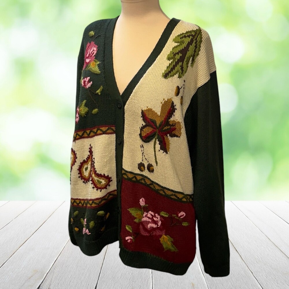 Vtg Embroidered Cardigan Sweater Wool Blend Leaves Floral Botanical Novelty XL